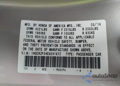 2014 Honda Accord Sport из США, поврежденный, VIN 1HGCR2F54EA241872